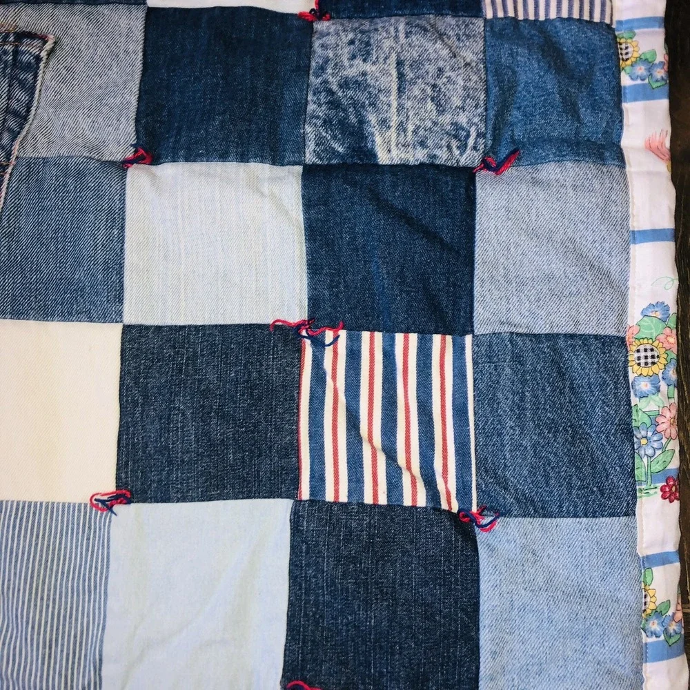 VTG Rag Denim Jean Baby Quilt Blanket 2 Sided Bears Flower Upcycled Handmade